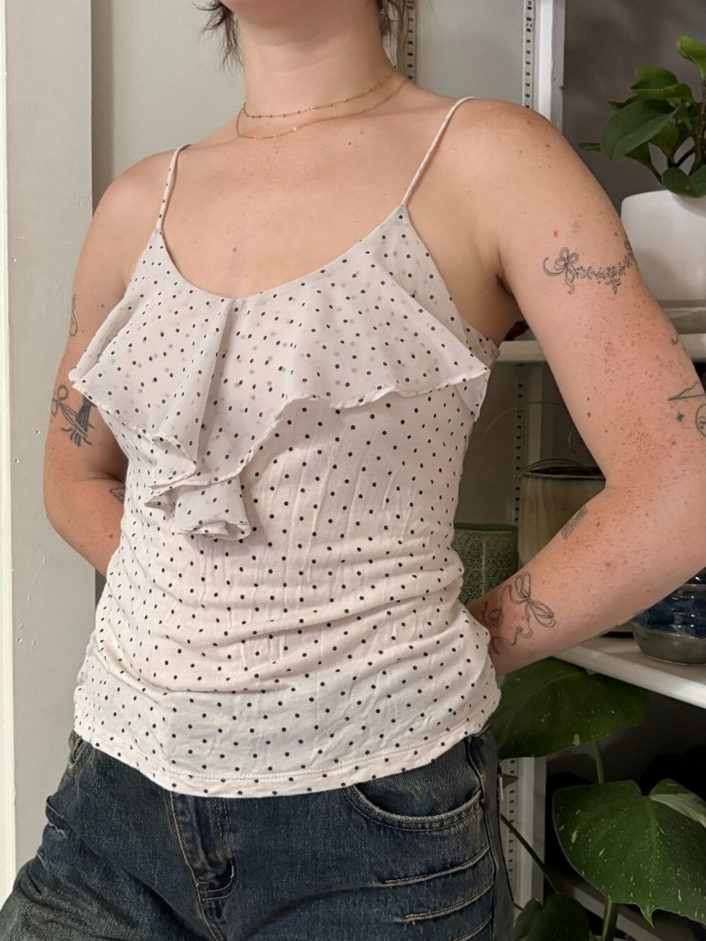 Y2k Black Polka Dot Frilly Tank Top - M